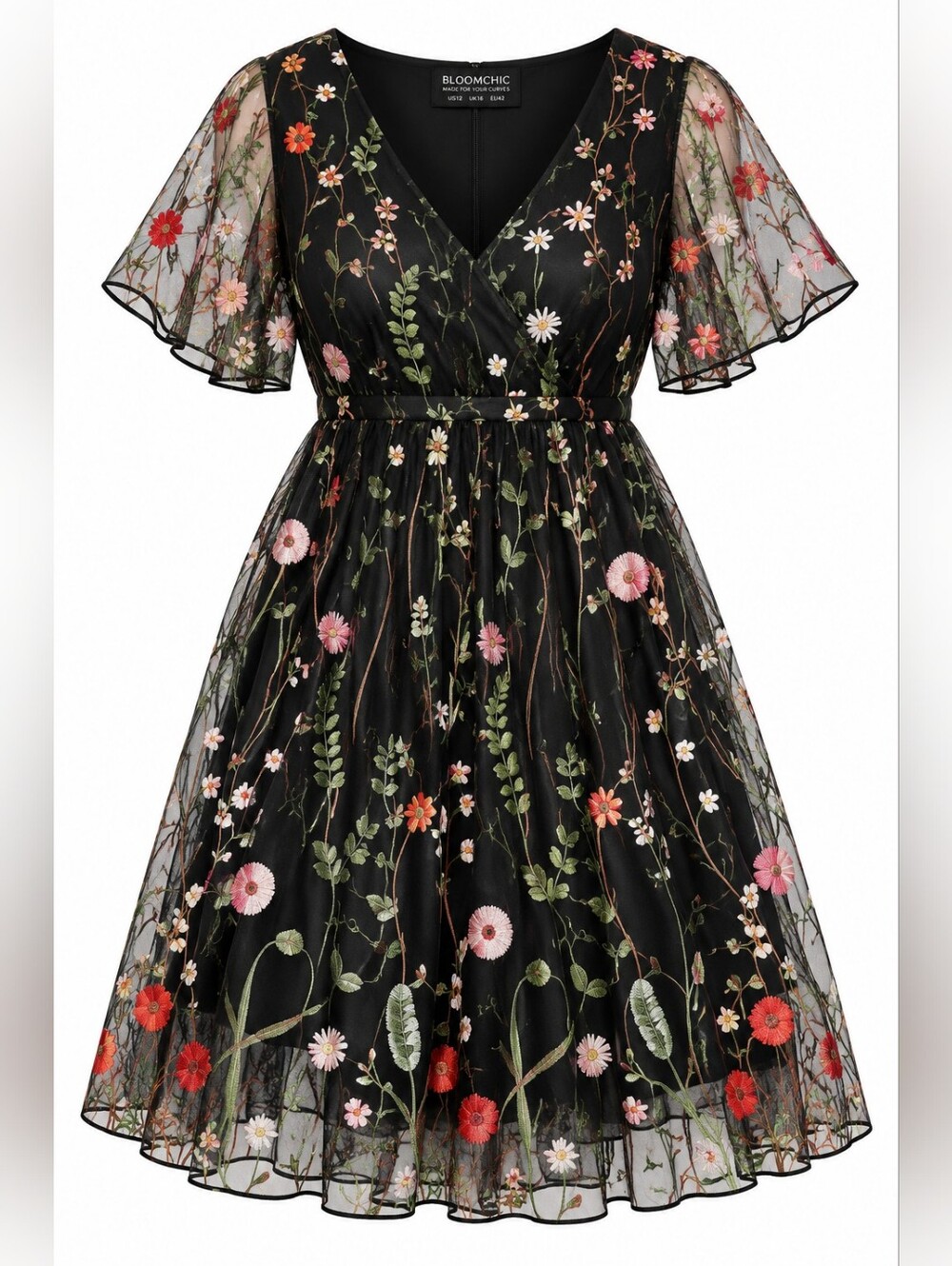 BloomChic               Black Embroidered Floral Midi Dress